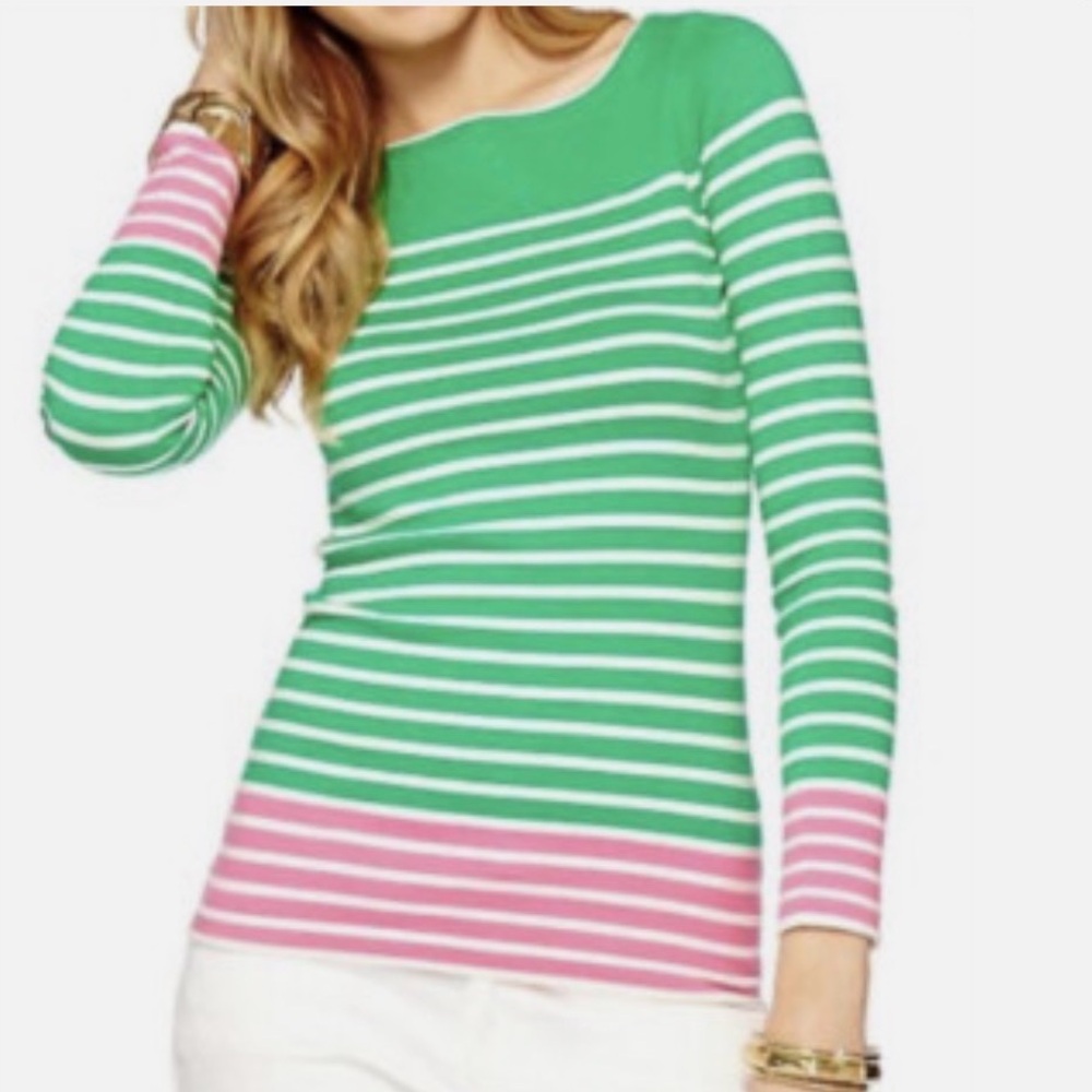Lilly Pulitzer pink, white, and green Maria boatneck sweater, size large, EUC